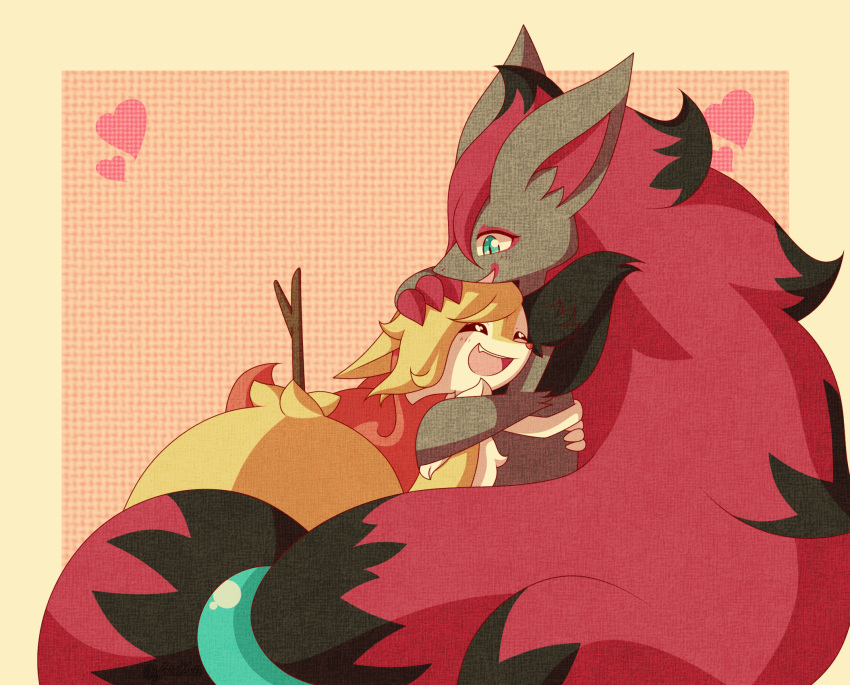 &lt;3 2020 ambiguous_gender anthro blonde_hair braixen braixenchris canid canine chris_(thebraixenchris) claws duo english_text female female/ambiguous fur hair hi_res highlights_(coloring) holidays hug inner_ear_fluff mammal mother mother's_day mother_and_child nintendo orange_body orange_fur orange_nose parent parent_and_child pok&eacute;mon pok&eacute;mon_(species) ponytail red_claws red_hair shoulder_tuft stick text tuft video_games zoroark