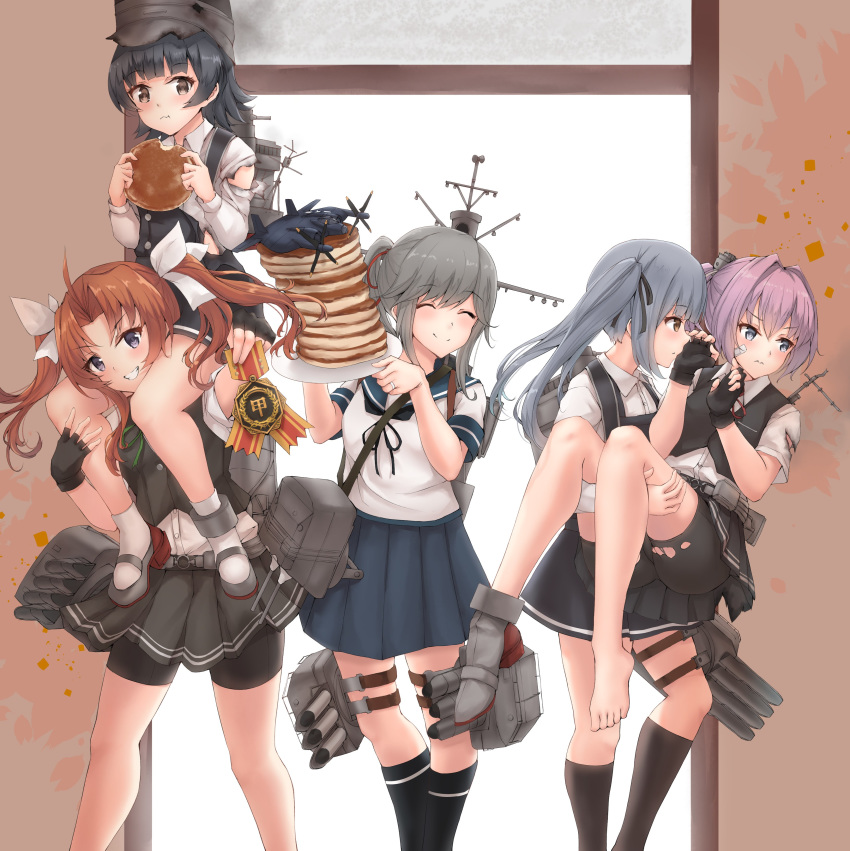 5girls absurdres aircraft airplane arare_(kantai_collection) bike_shorts black_dress black_gloves black_hair black_legwear black_ribbon black_shorts black_skirt black_vest blue_eyes blue_sailor_collar blue_skirt blush brown_eyes brown_hair buttons collared_shirt dress eating eyebrows_visible_through_hair fingerless_gloves food gloves green_ribbon grey_hair grin hair_between_eyes hair_ribbon highres holding holding_food jewelry k_jie kagerou_(kantai_collection) kantai_collection kasumi_(kantai_collection) kneehighs long_hair long_sleeves machinery multiple_girls pancake pinafore_dress pink_hair pleated_skirt ponytail purple_eyes red_ribbon remodel_(kantai_collection) ribbon rigging ring sailor_collar school_uniform serafuku shiranui_(kantai_collection) shirt short_hair short_sleeves shorts shorts_under_skirt side_ponytail skirt smile smokestack thighhighs toes torn_clothes torn_shirt turret twintails usugumo_(kantai_collection) vest visor_cap wedding_band white_ribbon white_shirt xf5u