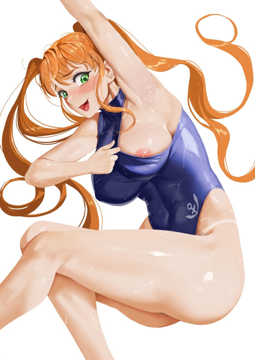 1girl absurdres ag-1_nereid areolae arm_up armpits ass bangs blue_swimsuit blush breasts check_commentary commentary_request covered_navel eyebrows_visible_through_hair green_eyes highleg highleg_swimsuit highres korean_commentary large_breasts last_origin long_hair looking_at_viewer moonlit nipples nose_blush one-piece_swimsuit open_mouth orange_hair partial_commentary simple_background smile solo swimsuit swimsuit_pull thighs tongue tongue_out twintails very_long_hair wet wet_clothes white_background