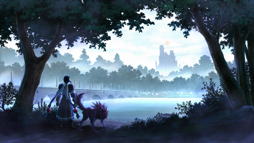 1girl anastasia_valeria blue_hair bridge castle cloud dress gloves hair_ornament hairband highres long_hair low-tied_long_hair luceid_(wild_arms) scenery tree twintails very_long_hair wild_arms wild_arms_2 wolf