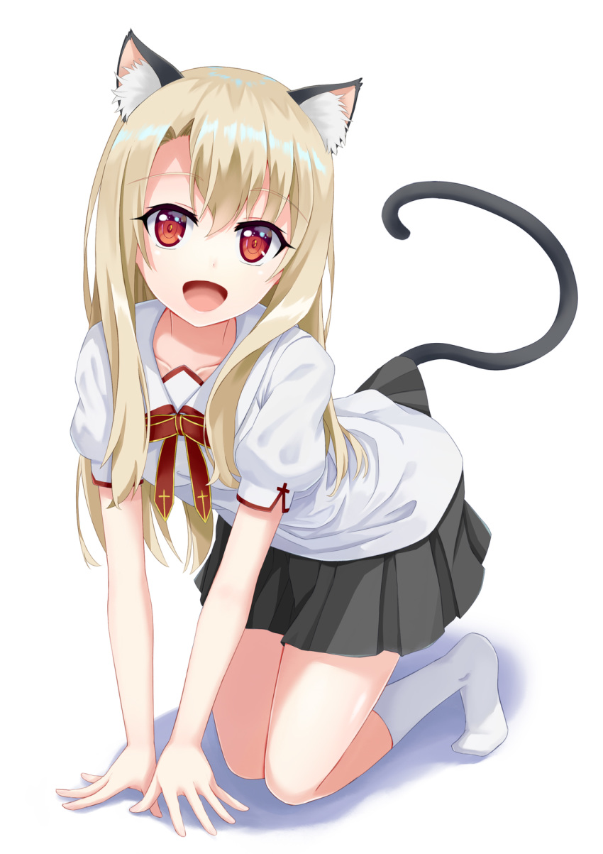 1girl :d all_fours animal_ear_fluff animal_ears atm_(pixiv6921541) bangs blonde_hair cat_ears cat_tail collarbone collared_shirt eyebrows_visible_through_hair eyelashes fate/kaleid_liner_prisma_illya fate_(series) grey_skirt hair_between_eyes hair_intakes highres homurahara_academy_uniform illyasviel_von_einzbern kemonomimi_mode kneehighs long_hair looking_at_viewer miniskirt neck_ribbon open_mouth pleated_skirt red_eyes red_ribbon ribbon shiny shiny_hair shirt short_sleeves simple_background skirt smile solo tail very_long_hair white_background white_legwear white_shirt wing_collar