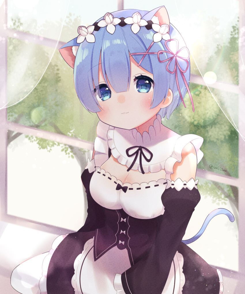 1girl animal_ears apron bangs black_ribbon blue_eyes blue_hair blush breasts cat_ears cat_girl cat_tail cleavage closed_mouth commentary_request detached_sleeves dress flower_knot frills hair_ornament hair_over_one_eye hair_ribbon highres juliet_sleeves ligh_xi long_sleeves looking_at_viewer maid maid_headdress medium_breasts neck_ribbon pink_ribbon puffy_sleeves re:zero_kara_hajimeru_isekai_seikatsu rem_(re:zero) ribbon short_hair sitting smile solo tail tree waist_apron window x_hair_ornament