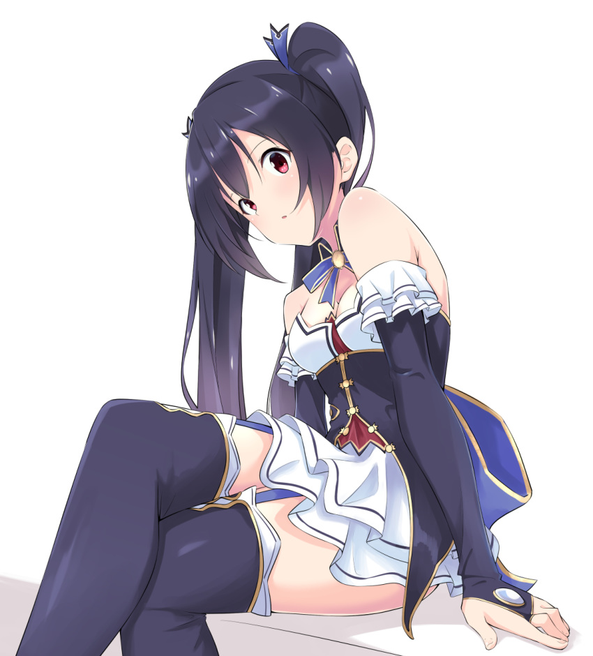 1girl bare_shoulders black_hair black_legwear breasts cleavage detached_sleeves frilled_skirt frills hair_between_eyes hair_ornament hair_ribbon highres long_hair looking_at_viewer motsutoko neptune_(series) noire red_eyes ribbon sitting skirt solo thighhighs twintails