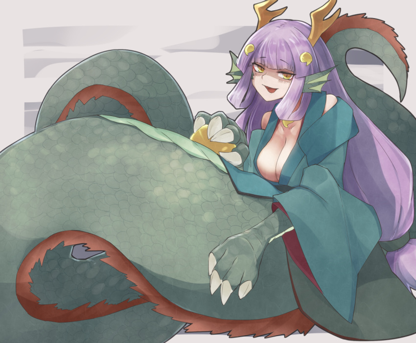 1girl alder animal_ears ball bangs bare_shoulders blunt_bangs blush breasts claws cleavage commentary_request dragon_ears dragon_girl dragon_horns dragon_wings eyebrows_visible_through_hair from_behind fur head_fins holding holding_ball horns japanese_clothes lamia long_hair medium_breasts monster_girl monster_girl_encyclopedia open_mouth purple_hair ryuu_(monster_girl_encyclopedia) scales smile solo tail wide_sleeves wings yellow_eyes