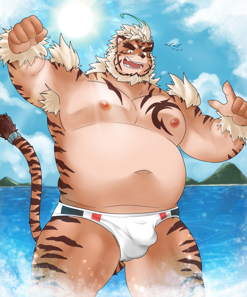 2020 absurd_res anthro belly bulge clothing felid hi_res hombretigre humanoid_hands kemono male mammal moobs nipples overweight overweight_anthro overweight_male pantherine rampie solo swimwear tiger tokyo_afterschool_summoners video_games water