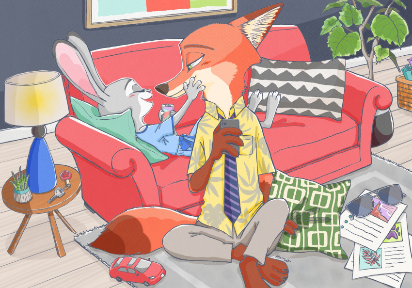 2020 anthro blush bottomwear canid canine cellphone clothing detailed_background disney duo eyes_closed eyewear female fox fur furniture grey_body grey_fur hb_runo hi_res holding_cellphone holding_object holding_phone inside judy_hopps keys lagomorph lamp leporid looking_at_another male mammal necktie nick_wilde orange_body orange_fur pants phone pillow plant potted_plant rabbit reclining red_fox shirt sitting sofa sunglasses table topwear zootopia