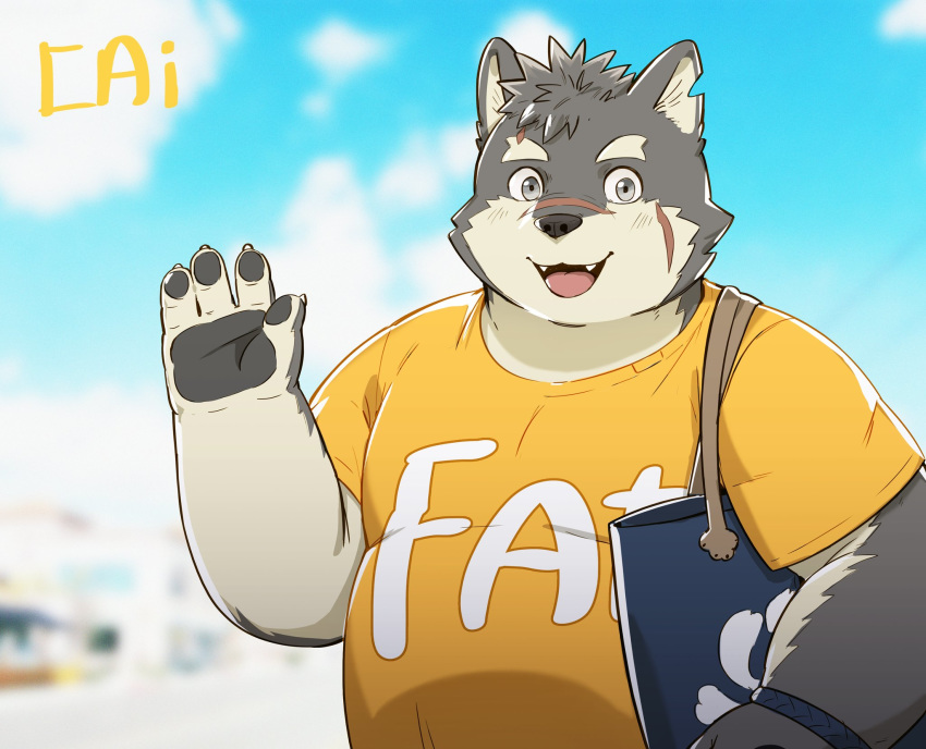 2020 anthro belly cai1448331577 canid canine canis clothing domestic_dog hi_res kemono male mammal moritaka outside overweight overweight_anthro overweight_male scar shirt solo tokyo_afterschool_summoners topwear video_games