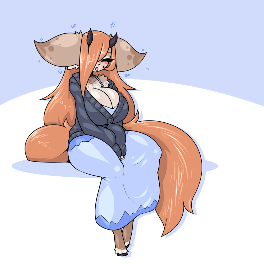 &lt;3 1:1 anthro big_breasts blush bottomwear bra breasts canid canine cleavage clothed clothing eyes_closed female fox hair hi_res horn limebreaker long_hair mammal orange_hair skirt solo sweater tongue tongue_out topwear underwear