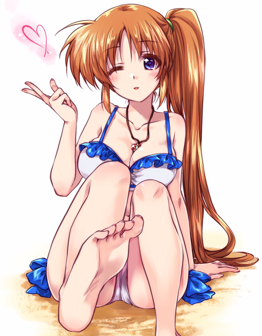 1girl bangs bikini blue_eyes breasts brown_hair cleavage collarbone commentary_request eyebrows_visible_through_hair feet foot_up frilled_bikini frills gesture hair_tie heart highres kuroi_mimei long_hair looking_at_viewer lyrical_nanoha mahou_shoujo_lyrical_nanoha_strikers medium_breasts one_eye_closed parted_lips partial_commentary raising_heart side_ponytail sitting smile solo swimsuit white_background white_bikini