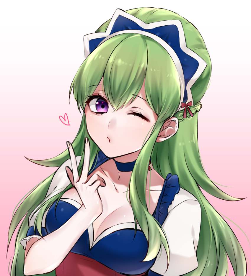 1girl 46ren absurdres blown_kiss breasts cleavage collarbone commentary_request eyebrows_visible_through_hair green_hair hair_between_eyes heart highres ixion_saga ixion_saga_dt long_hair looking_at_viewer mariandale medium_breasts one_eye_closed purple_eyes sidelocks solo