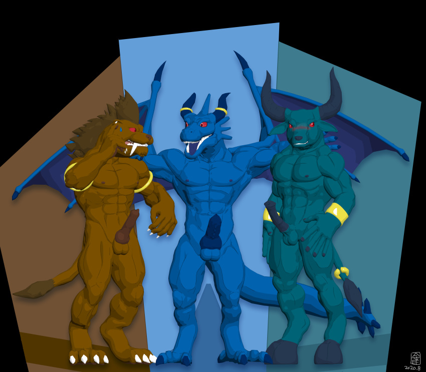 absurd_res animal_genitalia anthro blue_body blue_dragon blue_dragon_(character) blue_dragon_(series) bovid bovine brown_body dragon european_mythology felid genitals greek_mythology green_body group hi_res male male/male mammal minotaur minotaur_(blue_dragon) muscular mythology pantherine red_eyes saber_tiger_(blue_dragon) tiger