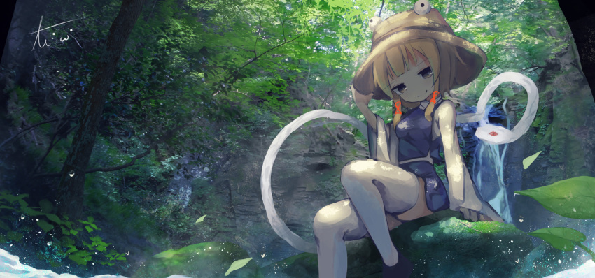 1girl blonde_hair dappled_sunlight fisheye forest from_below grey_eyes hand_on_headwear hat highres leaf looking_at_viewer moriya_suwako nature outdoors purple_vest river short_hair sidelocks signature sitting skirt sleeves_past_wrists smile snake solo sunlight thighhighs ti_owo touhou tree vest water water_drop waterfall white_legwear