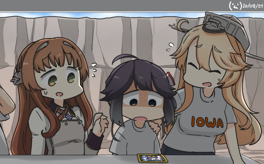 4girls ahoge bangs blonde_hair breasts brown_hair cellphone closed_eyes clothes_writing dated eyebrows_visible_through_hair fate/grand_order fate_(series) flying_sweatdrops hair_ribbon hamu_koutarou hand_on_another's_shoulder hayanami_(kantai_collection) headgear helena_(kantai_collection) highres iowa_(kantai_collection) kantai_collection kinu_(kantai_collection) large_breasts long_hair long_sleeves multiple_girls open_mouth outdoors phone ponytail purple_hair ribbon shirt short_sleeves side_ponytail signature smartphone sweat white_shirt