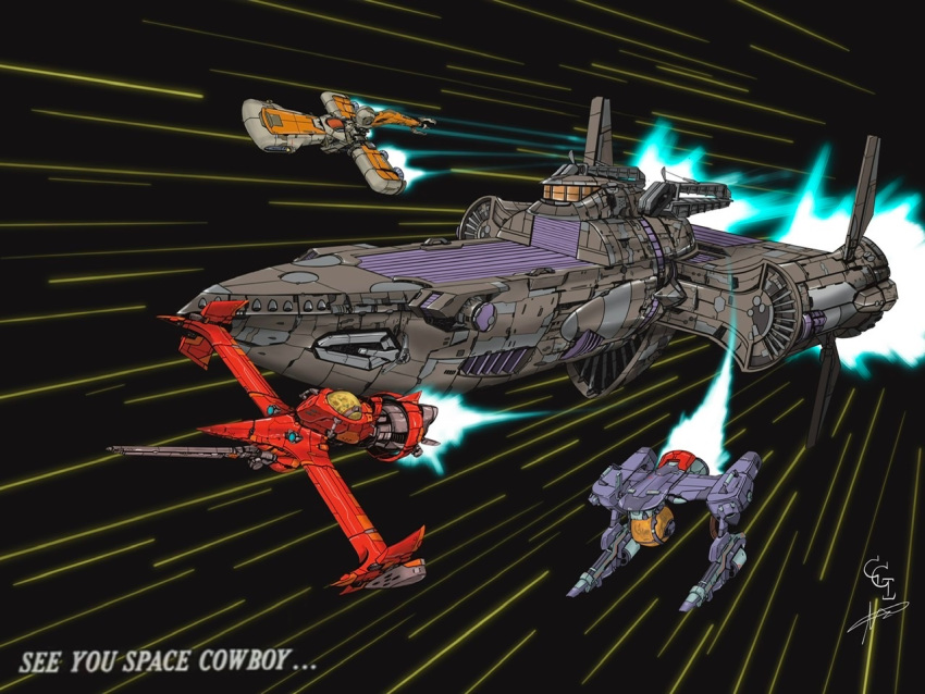 bebop_(cowboy_bebop) black_background chrome_gear claws cowboy_bebop english_text flying hammerhead_(cowboy_bebop) motion_lines no_humans procreate_(medium) red_tail_(cowboy_bebop) science_fiction space space_craft swordfish_ii vehicle_focus