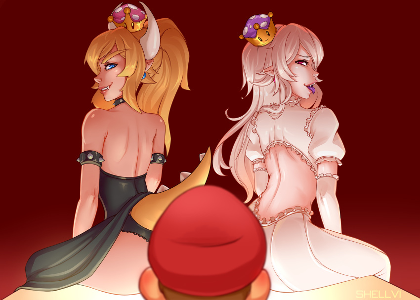 2girls :p artist_name ass back backless_outfit bangs bare_shoulders black_dress black_panties blonde_hair blue_eyes bowsette bracelet collar commentary crown dress earrings fang from_behind gloves gradient gradient_background highres horns jewelry leotard long_hair looking_at_viewer looking_back mario mario_(series) mini_crown multiple_girls panties pointy_ears ponytail princess_king_boo puffy_short_sleeves puffy_sleeves red_background sharp_teeth shellvi short_sleeves shoulder_blades sitting smile spiked_armlet spiked_collar spikes strapless super_crown teeth tongue tongue_out underwear white_dress white_gloves white_horns