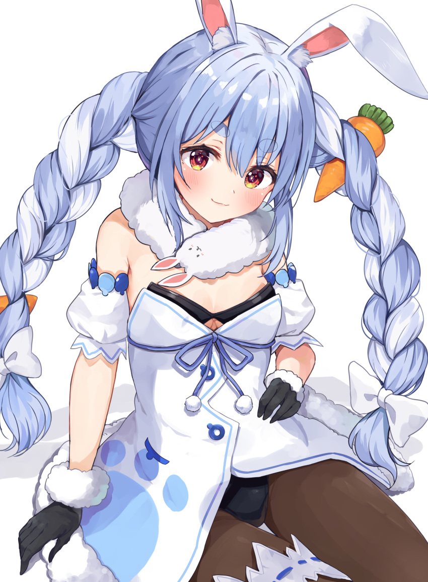 1girl absurdres animal_ear_fluff animal_ears bangs bare_shoulders black_gloves black_leotard blue_hair bow braid brown_legwear bunny_ears carrot_hair_ornament closed_mouth commentary_request detached_sleeves don-chan_(hololive) dress eyebrows_visible_through_hair food_themed_hair_ornament fur-trimmed_dress fur-trimmed_gloves fur_trim gloves hair_between_eyes hair_bow hair_ornament hand_on_hip highres hololive leotard looking_at_viewer multicolored_hair pantyhose puffy_short_sleeves puffy_sleeves racchi. short_eyebrows short_sleeves sidelocks sitting smile strapless strapless_dress strapless_leotard thick_eyebrows twin_braids twintails two-tone_hair usada_pekora virtual_youtuber white_background white_bow white_dress white_hair white_sleeves