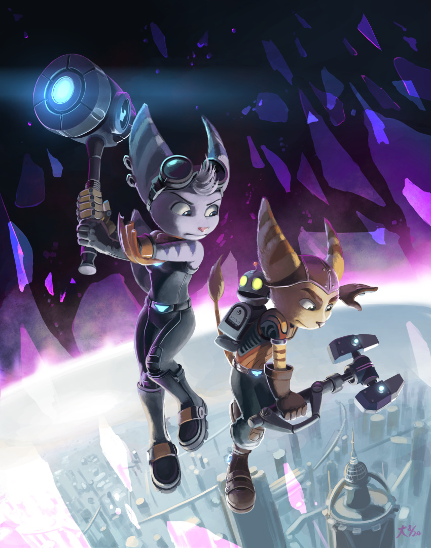 2020 absurd_res anthro boots bottomwear city clank_(ratchet_&amp;_clank) clothing deannart eyewear female footwear fur goggles goggles_on_head hi_res lombax machine male mammal open_mouth pants ratchet ratchet_and_clank rift_apart_lombax robot sony_corporation sony_interactive_entertainment video_games weapon