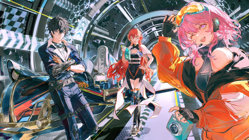 1boy 2girls ;d adjusting_eyewear alternate_costume asteroid bare_shoulders belt black_bodysuit black_collar black_gloves black_hair black_shirt blue_eyes blue_jumpsuit bodysuit breasts camera cleavage cleavage_cutout clipboard closed_mouth clothing_cutout collar commentary commission crossed_arms dan_heng_(honkai:_star_rail) dan_heng_(hunt)_(honkai:_star_rail) earpiece english_commentary expressionless eyeliner feet_out_of_frame fingerless_gloves full_body glass_ceiling gloves goggles goggles_on_head grey_belt hair_between_eyes hallway hand_on_eyewear hand_on_own_hip headset high_heels himeko_(honkai:_star_rail) holding holding_camera holding_clipboard honkai:_star_rail honkai_(series) hover_bike hoyofair indoors jacket joints jumpsuit kei_(keiuu) long_hair long_sleeves looking_at_viewer looking_to_the_side makeup march_7th_(honkai:_star_rail) mechanical_arms medium_hair multiple_belts multiple_girls off_shoulder one_eye_closed orange_gloves orange_jacket pink_hair race_flag race_vehicle red_eyeliner red_hair robot_joints science_fiction shirt shoes short_hair short_sleeves single_glove single_mechanical_arm sleeveless sleeveless_shirt sleeves_rolled_up smile space spacecraft standing thigh_belt thigh_cutout thigh_strap turtleneck turtleneck_shirt upper_body waist_cape wavy_hair white_belt white_shirt white_shoes white_sleeves window yellow_eyes