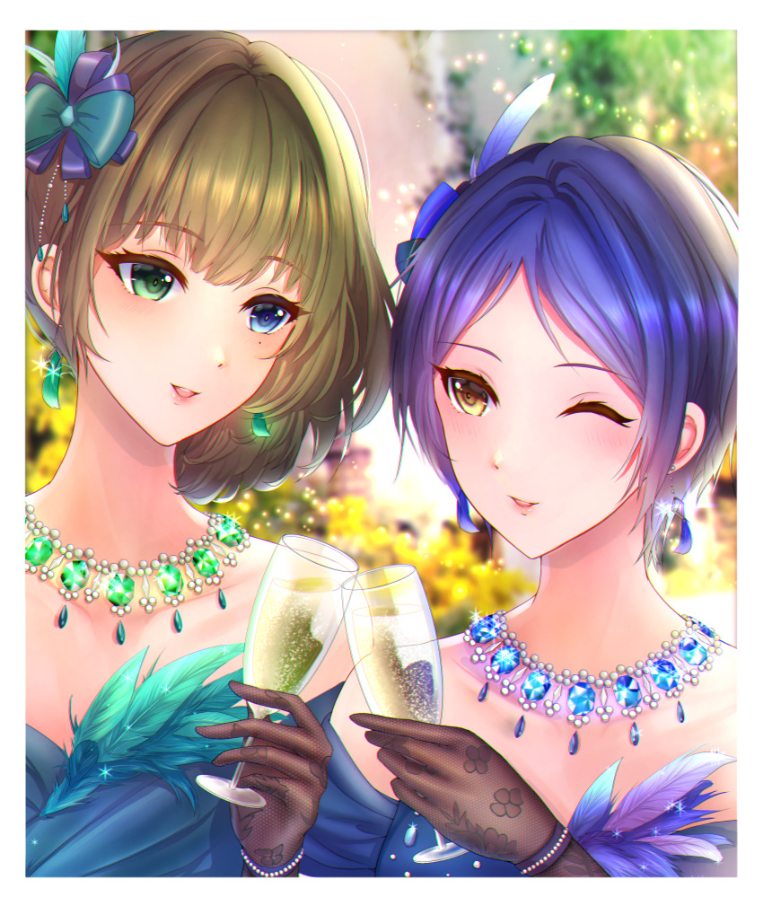 2girls :d absurdres alcohol bangs blue_eyes blue_hair blurry blurry_background bracelet brown_hair cup drinking_glass earrings eyebrows_visible_through_hair feather_earrings feathers gloves green_eyes hair_ornament hayami_kanade heterochromia highres huge_filesize idolmaster idolmaster_cinderella_girls jewelry lace lace_gloves light_blush mole mole_under_eye multiple_girls nyome991 one_eye_closed open_mouth short_hair smile takagaki_kaede upper_body upper_teeth wine wine_glass yellow_eyes