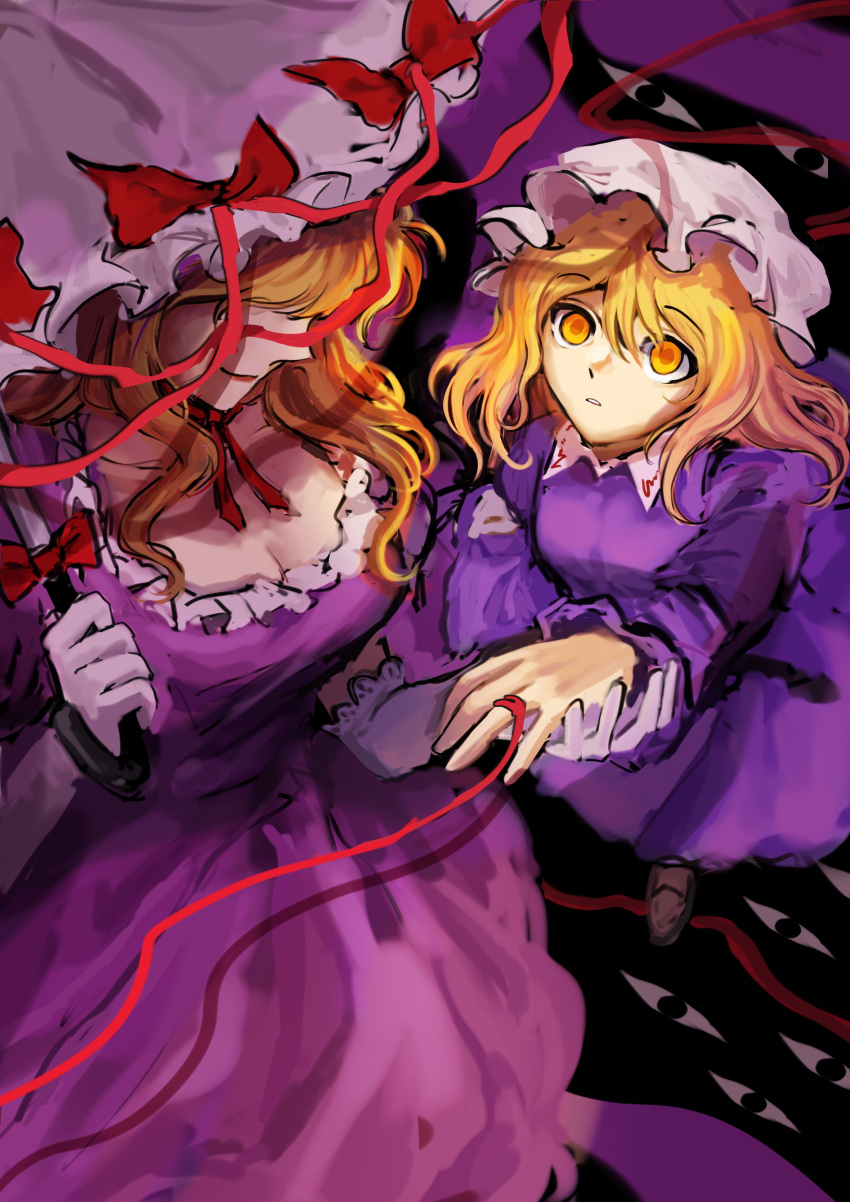 2girls absurdres blonde_hair dress frilled_umbrella frills gap_(touhou) gloves hat highres holding holding_umbrella maribel_hearn mob_cap multiple_girls neck_ribbon otogisum3 parasol purple_dress red_ribbon ribbon string string_of_fate touhou umbrella white_gloves white_hat white_umbrella yakumo_yukari yellow_eyes