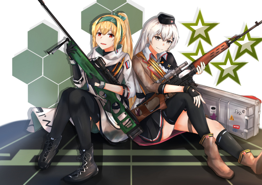 2girls absurdres assault_rifle black_footwear black_gloves black_headwear black_legwear black_skirt blonde_hair boots brown_footwear brown_jacket character_name dragunov_svd eyebrows_visible_through_hair fingerless_gloves girls_frontline gloves green_ribbon grey_eyes grey_hair gun hair_ribbon hairband hand_on_weapon hat highres holding holding_weapon huge_filesize jacket long_hair looking_at_viewer military military_hat military_uniform multiple_girls muteppona_hito open_mouth red_eyes ribbon rifle russian_flag shirt silver_hair simple_background sitting sitting_on_floor skirt smile sniper_rifle sv-98 sv-98_(girls_frontline) svd_(girls_frontline) tape thighhighs uniform weapon weapon_case white_jacket white_shirt