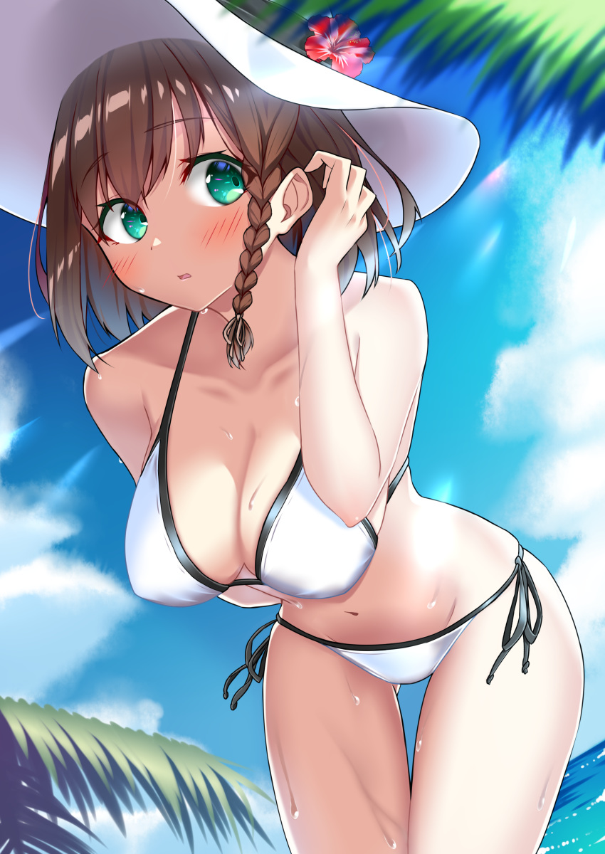 1girl absurdres bikini blue_sky blush braid breasts brown_hair charlotte_corday_(fate/grand_order) fate/grand_order fate_(series) flower green_eyes hat hat_flower highres large_breasts leaning_forward mizumok1 navel ocean side-tie_bikini sky sun_hat swimsuit wet white_bikini