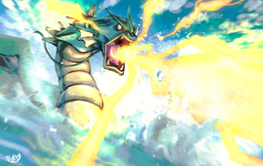 attack cloud commentary_request day energy fangs gen_1_pokemon gyarados kaosu_(kaosu0905) no_humans open_mouth outdoors pokemon red_eyes signature sky tongue water