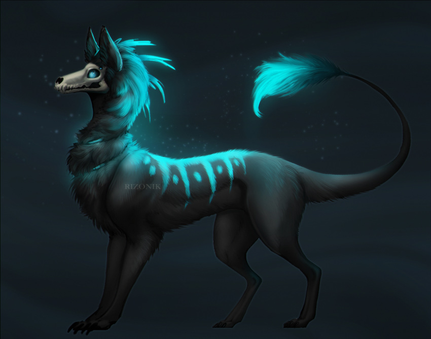 2019 ambiguous_gender better_version_at_source black_mane blue_eyes canid canine canis claws colored digital_drawing_(artwork) digital_media_(artwork) digital_painting_(artwork) feral fingers full-length_portrait fur ghost glowing hi_res hybrid magic male mammal mane multicolored_body painting_(artwork) portrait rizonik shaded simple_background skulldog solo sparkles spirit traditional_media_(artwork)