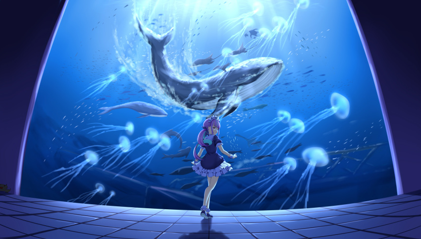 1girl absurdres aqua_hair aquarium blue_ribbon chinese_commentary commentary_request denfunsan frilled_skirt frills from_behind full_body hair_ribbon highres hololive indoors jellyfish long_hair looking_at_viewer looking_back maid_headdress minato_aqua multicolored_hair puffy_short_sleeves puffy_sleeves purple_eyes ribbon school_of_fish shipwreck short_sleeves skirt solo standing streaked_hair twintails virtual_youtuber whale wrist_cuffs