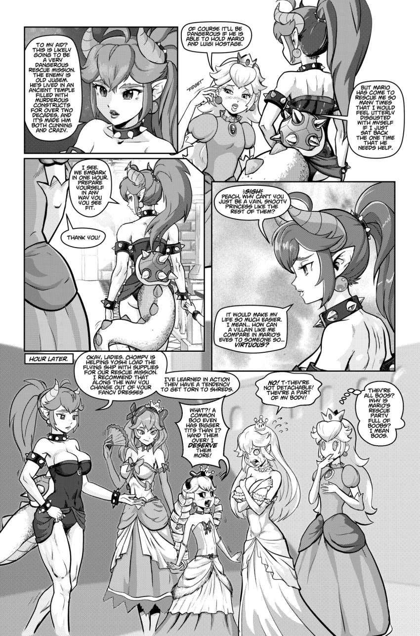 animal_humanoid black_and_white blush bodily_fluids bowser bowsette_meme bracelet breast_envy clothing collar comic covering covering_breasts crown dialogue dragon dragon_humanoid dress drill_curls english_text female freudian_slip group hair hi_res horn human humanoid jewelry king_boo lady_bow luigi's_mansion mammal mario_bros meme monochrome nintendo paper_mario pencils_(artist) princess_peach shell spiked_bracelet spiked_collar spiked_tail spikes spikes_(anatomy) spirit super_crown tears text video_games
