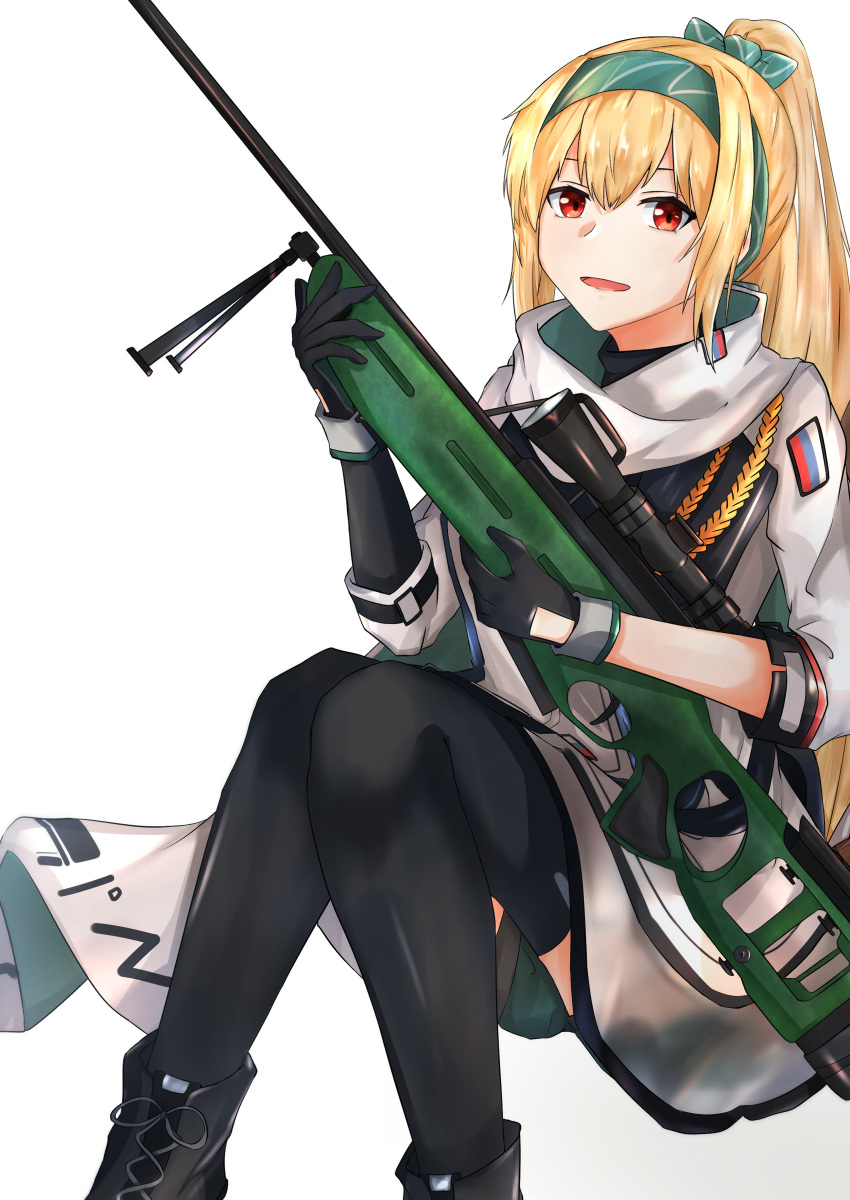 1girl absurdres assault_rifle black_footwear black_gloves black_legwear blonde_hair boots eyebrows_visible_through_hair girls_frontline gloves green_ribbon gun hair_ribbon hairband hand_on_weapon highres holding holding_weapon huge_filesize jacket long_hair looking_at_viewer military military_uniform muteppona_hito open_mouth red_eyes ribbon rifle russian_flag sitting sitting_on_floor solo sv-98 sv-98_(girls_frontline) thighhighs uniform weapon white_background white_jacket