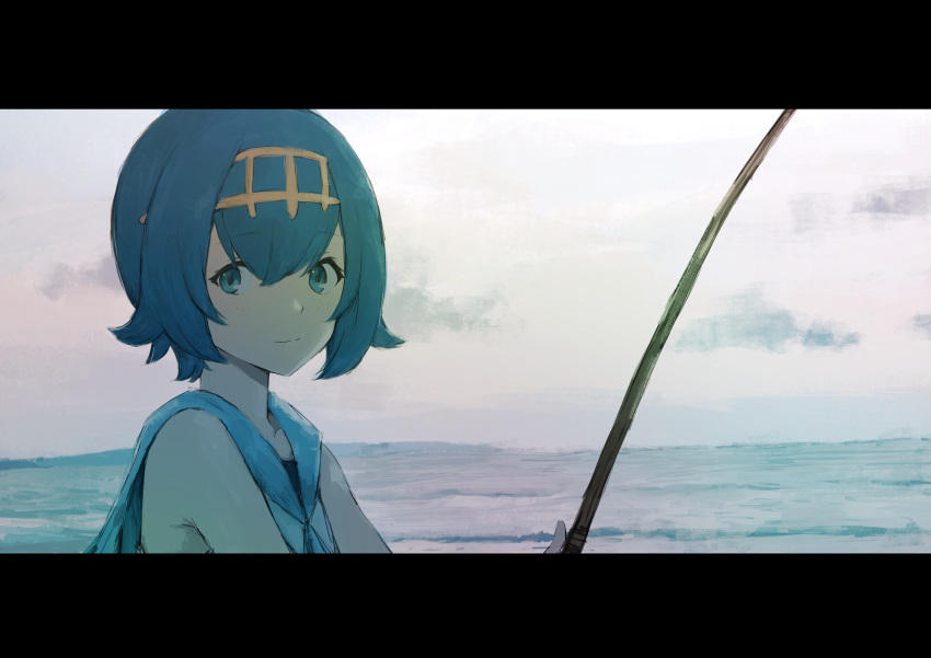 1girl absurdres aqua_eyes bangs blue_hair closed_mouth cloud commentary day eyebrows_visible_through_hair eyelashes fishing_rod gold_hairband highres holding holding_fishing_rod melon_syrup outdoors pokemon pokemon_(game) pokemon_sm short_hair sky solo suiren_(pokemon) water