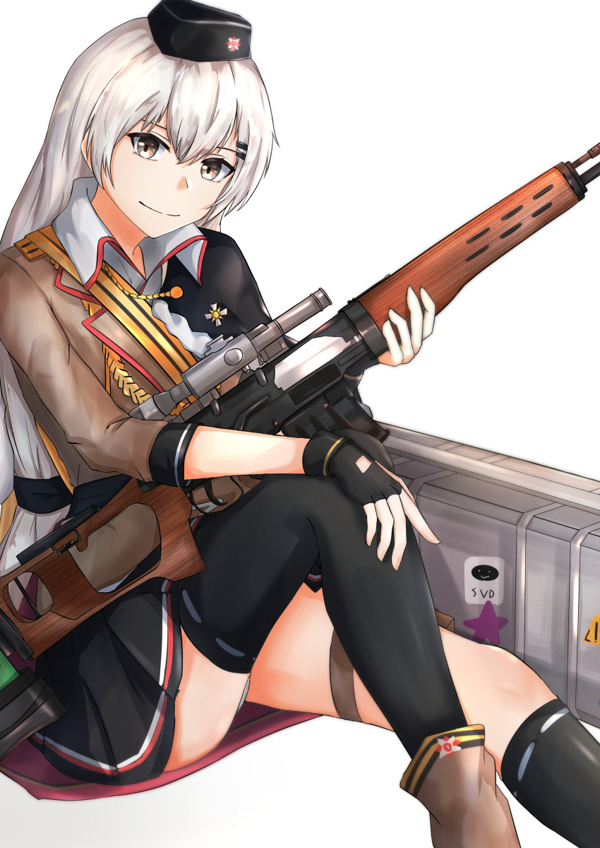 1girl absurdres assault_rifle black_gloves black_headwear black_legwear black_skirt boots brown_footwear brown_jacket character_name dragunov_svd eyebrows_visible_through_hair fingerless_gloves girls_frontline gloves grey_eyes grey_hair gun hand_on_own_knee hand_on_weapon hat highres holding holding_weapon huge_filesize jacket long_hair looking_at_viewer military military_hat military_uniform muteppona_hito rifle shirt silver_hair sitting sitting_on_floor skirt smile sniper_rifle solo svd_(girls_frontline) thighhighs uniform weapon weapon_case white_background white_shirt