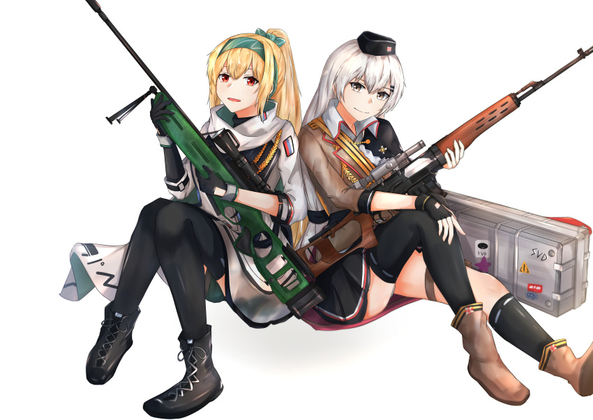 2girls absurdres assault_rifle black_footwear black_gloves black_headwear black_legwear black_skirt blonde_hair boots brown_footwear brown_jacket character_name dragunov_svd eyebrows_visible_through_hair fingerless_gloves girls_frontline gloves green_ribbon grey_eyes grey_hair gun hair_ribbon hairband hand_on_weapon hat highres holding holding_weapon huge_filesize jacket long_hair looking_at_viewer military military_hat military_uniform multiple_girls muteppona_hito open_mouth red_eyes ribbon rifle russian_flag shirt silver_hair sitting sitting_on_floor skirt smile sniper_rifle sv-98 sv-98_(girls_frontline) svd_(girls_frontline) tape thighhighs uniform weapon weapon_case white_background white_jacket white_shirt