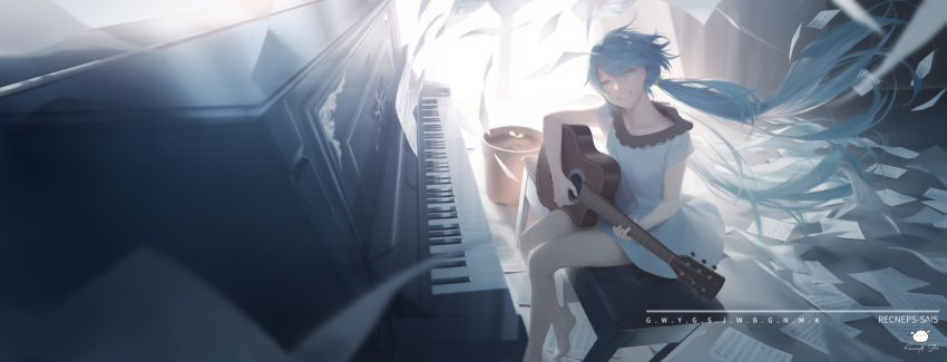 1girl artist_name bangs blue_eyes blue_hair commentary dress eyebrows_visible_through_hair floating_hair flower_pot grin guitar hair_between_eyes hatsune_miku highres holding holding_instrument instrument long_hair low_twintails on_bench piano piano_bench plant potted_plant sheet_music short_sleeves signature sitting smile solo spencer_sais twintails very_long_hair vocaloid white_dress