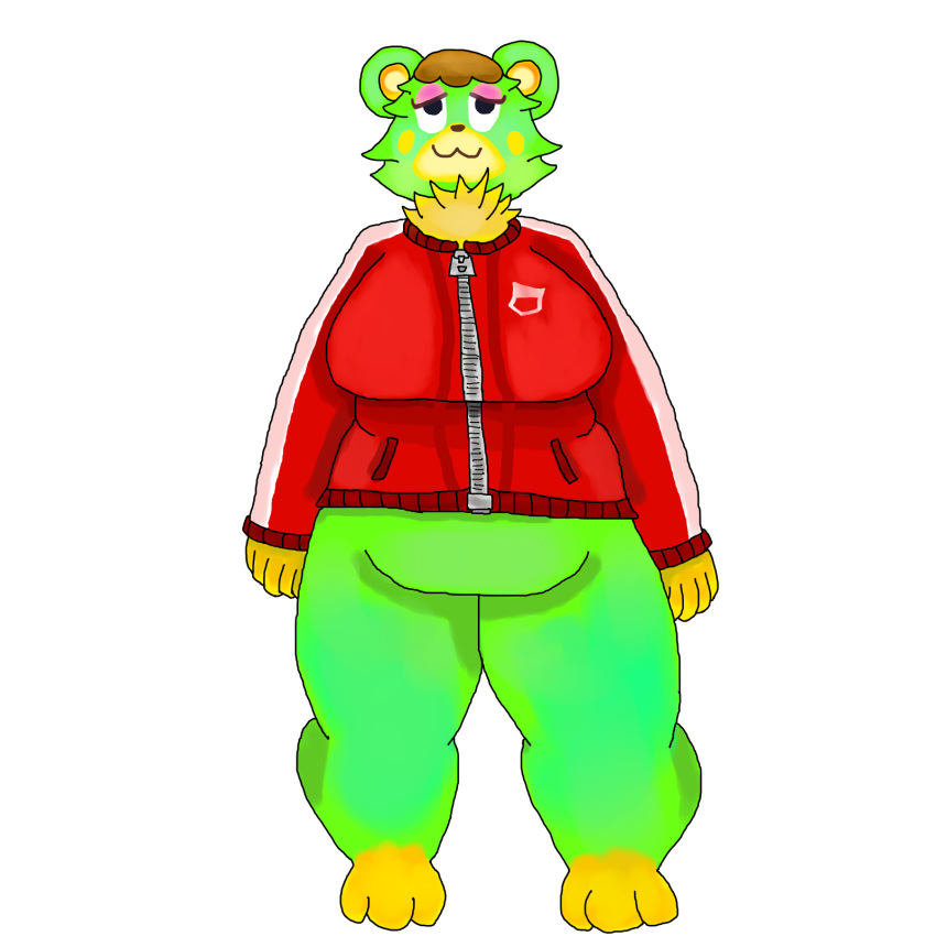 1:1 alpha_channel animal_crossing anthro belly big_belly big_breasts big_calves big_feet big_hands biped bottomless breasts charlise_(animal_crossing) clothed clothing curvaceous curvy_figure featureless_crotch feet female green_body hair hi_res jacket makeup mammal meatfox nintendo overweight overweight_anthro overweight_female short_hair slightly_chubby smile solo thick_thighs topwear ursid video_games voluptuous wide_hips