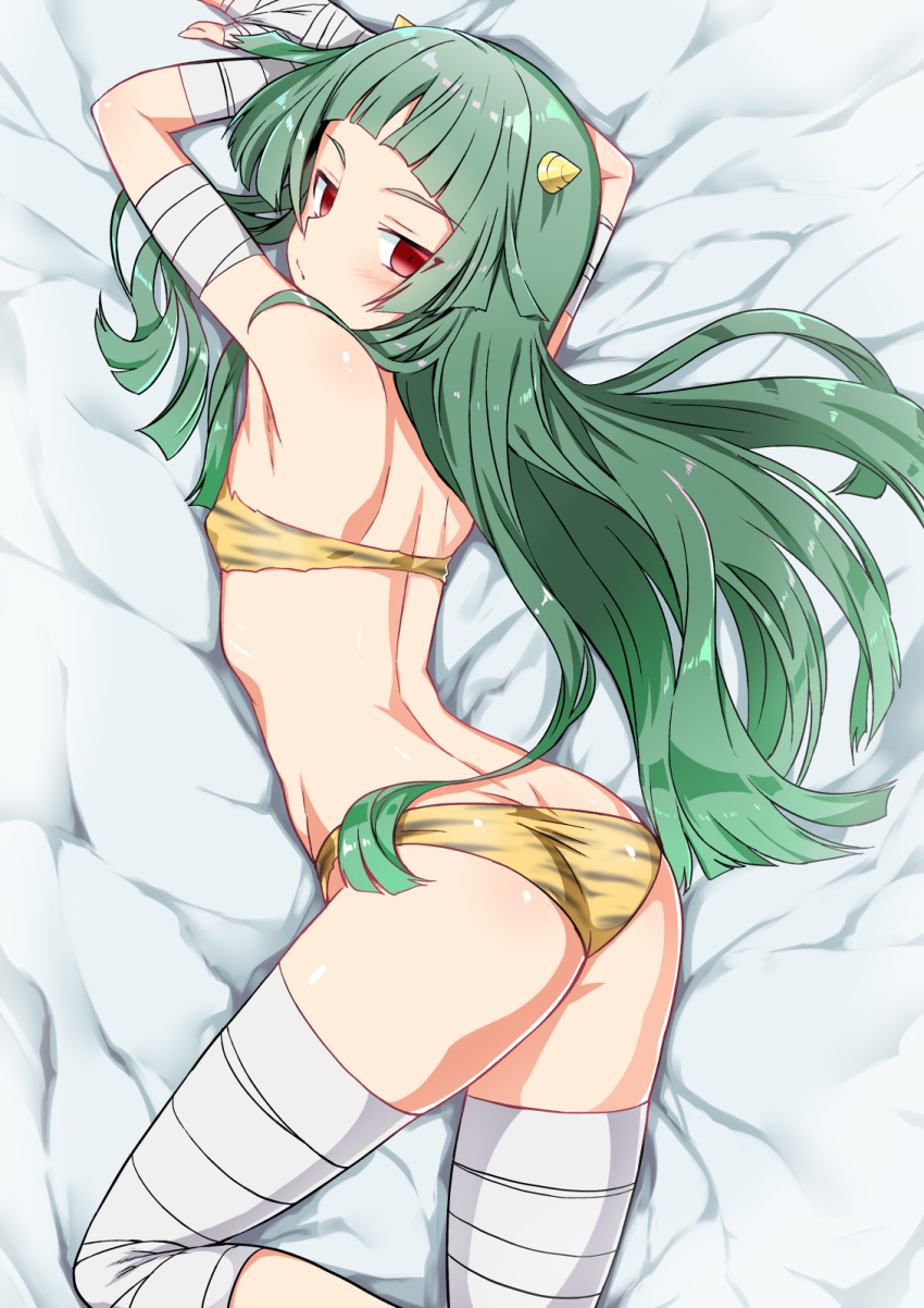 1girl animal_print ass bandaged_arm bandaged_hands bandaged_leg bandages bangs bikini blunt_bangs blush closed_mouth commentary_request cosplay flat_chest green_hair highres horns kami_nomi_zo_shiru_sekai long_hair looking_at_viewer looking_back lum lum_(cosplay) lune_(kaminomi) lying on_bed on_stomach oni_horns red_eyes solo strapless strapless_bikini swimsuit tiger_print tiger_stripes urusei_yatsura very_long_hair yuto_(dialique)