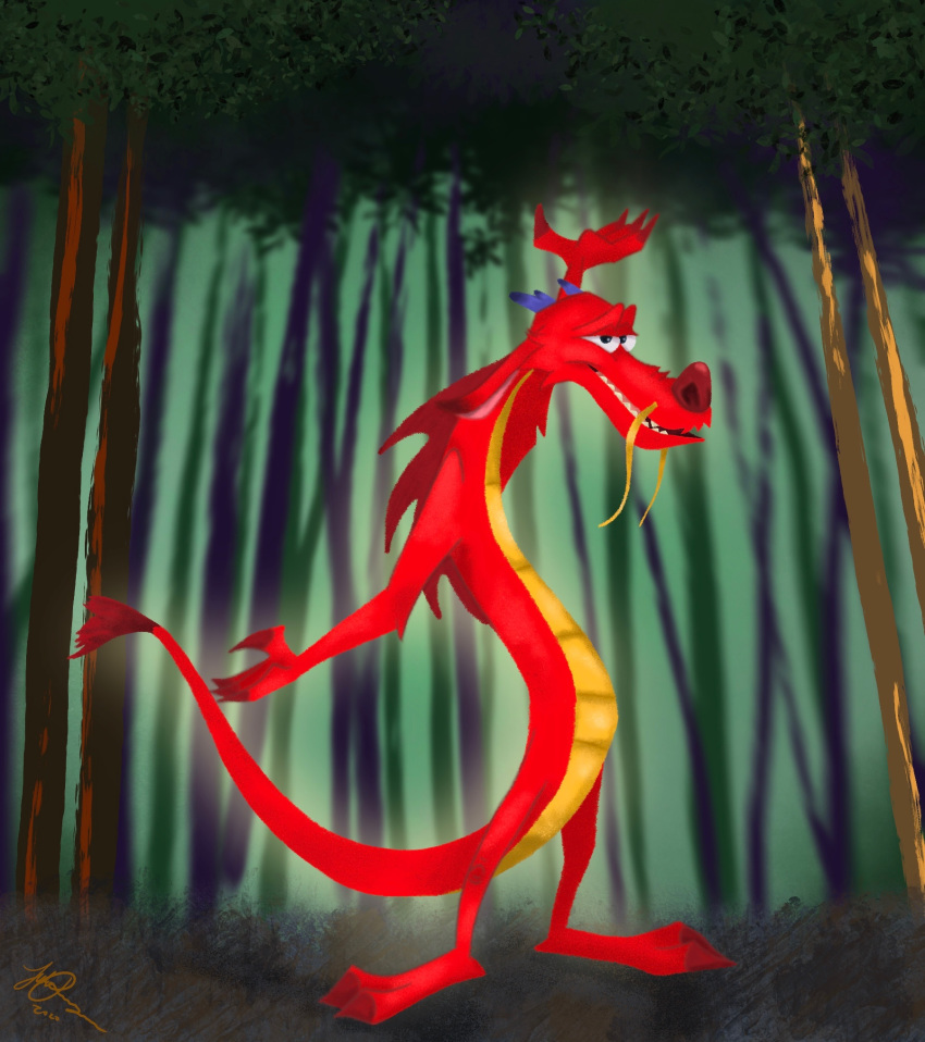 2020 atomasome claws disney dragon hi_res horn mulan_(copyright) mushu open_mouth red_body red_claws reptile scalie sharp_teeth smile solo teeth tree whiskers