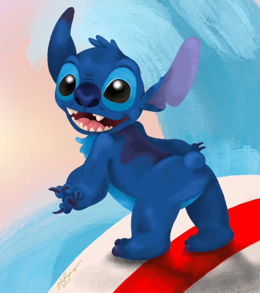 2020 alien atomasome blue_body blue_fur claws disney experiment_(lilo_and_stitch) fur head_tuft hi_res lilo_and_stitch male no_sclera notched_ear open_mouth open_smile pawpads purple_inner_ear semi-anthro signature smile stitch_(lilo_and_stitch) surfboard surfing teeth tongue tuft vehicle water watercraft