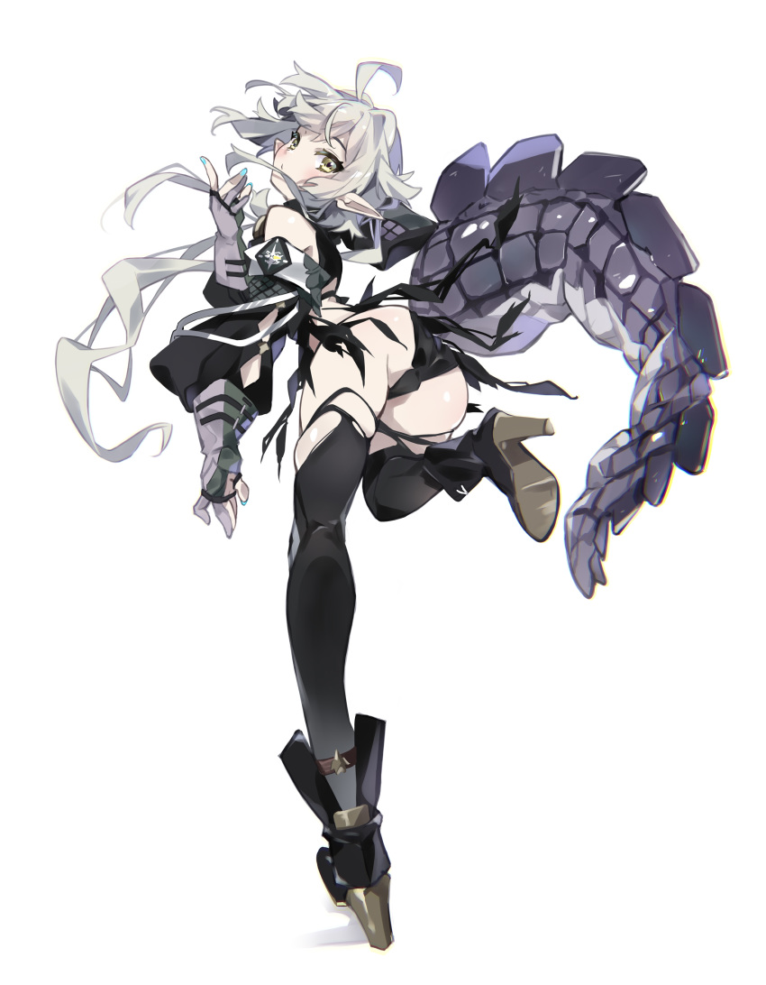 1girl absurdres arknights ass bent_over black_footwear black_legwear crocodilian_tail detached_sleeves from_behind full_body gloves grey_hair hayakawa_harui high_heels highres large_tail leg_up long_hair long_legs long_sleeves looking_at_viewer looking_back partly_fingerless_gloves pointy_ears simple_background solo tail thighhighs tomimi_(arknights) torn_clothes torn_legwear white_background yellow_eyes