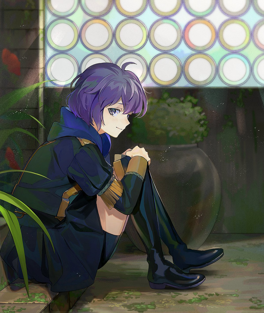 1girl bernadetta_von_varley bike_shorts boots closed_mouth fire_emblem fire_emblem:_three_houses from_side garreg_mach_monastery_uniform grey_eyes highres hood hood_down knees_up kyufe long_sleeves looking_to_the_side purple_hair short_hair sitting solo thigh_boots thighhighs uniform