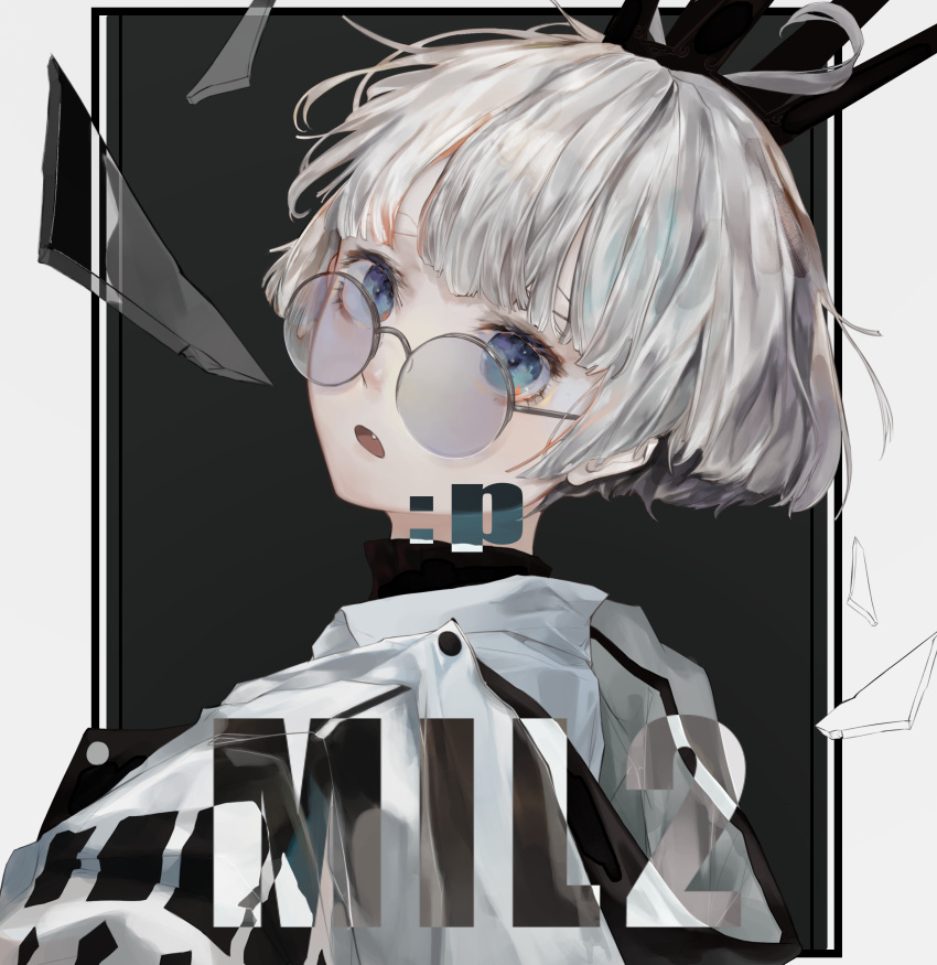 1boy absurdres bishounen blue_eyes crown emoticon fang glass_shards glasses highres looking_at_viewer looking_back mile_(mil2) open_mouth original round_eyewear silver-framed_eyewear silver_hair solo upper_body white_hoodie