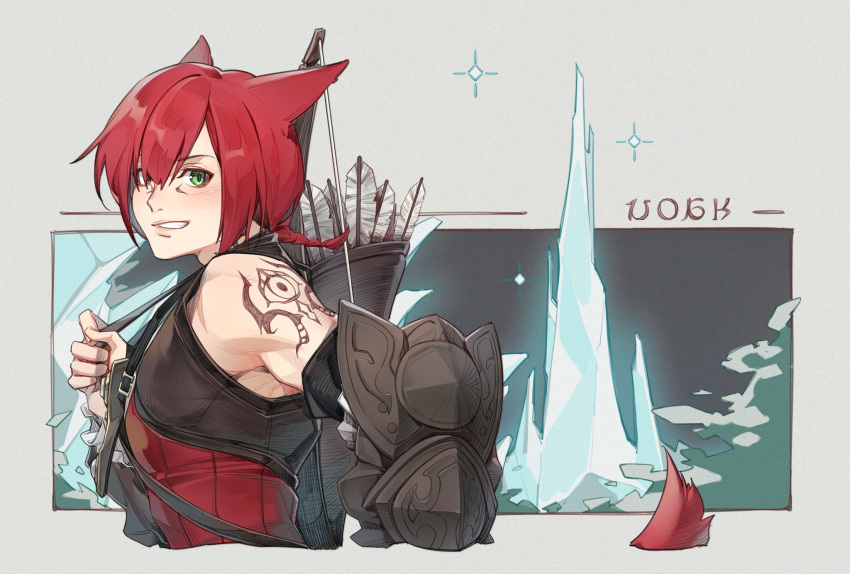 1boy animal_ears arm_tattoo armor arrow_(projectile) bare_shoulders blush bow_(weapon) crow0cc crystal crystal_exarch final_fantasy final_fantasy_xiv g'raha_tia glowing green_eyes highres male_focus miqo'te parted_lips ponytail quiver red_hair smile solo sparkle tail tattoo tree weapon weapon_on_back