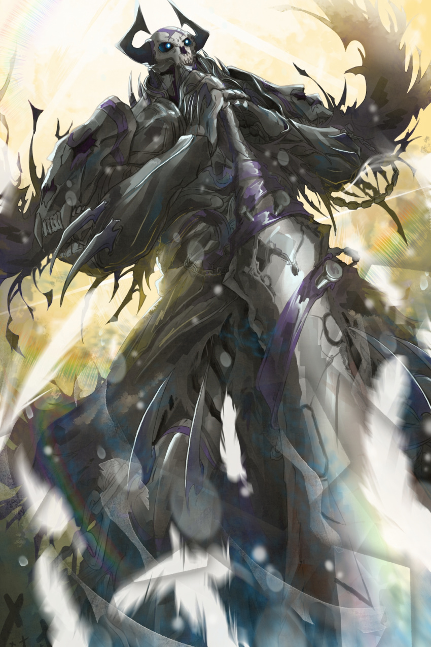 1boy armor black_armor black_horns blue_eyes blue_fire burning fate/grand_order fate_(series) feathers fire flame flaming_eye glowing glowing_eyes highres holding holding_sword holding_weapon horns king_hassan_(fate/grand_order) male_focus ru_251 skull skull_mask solo spikes sword upper_body weapon