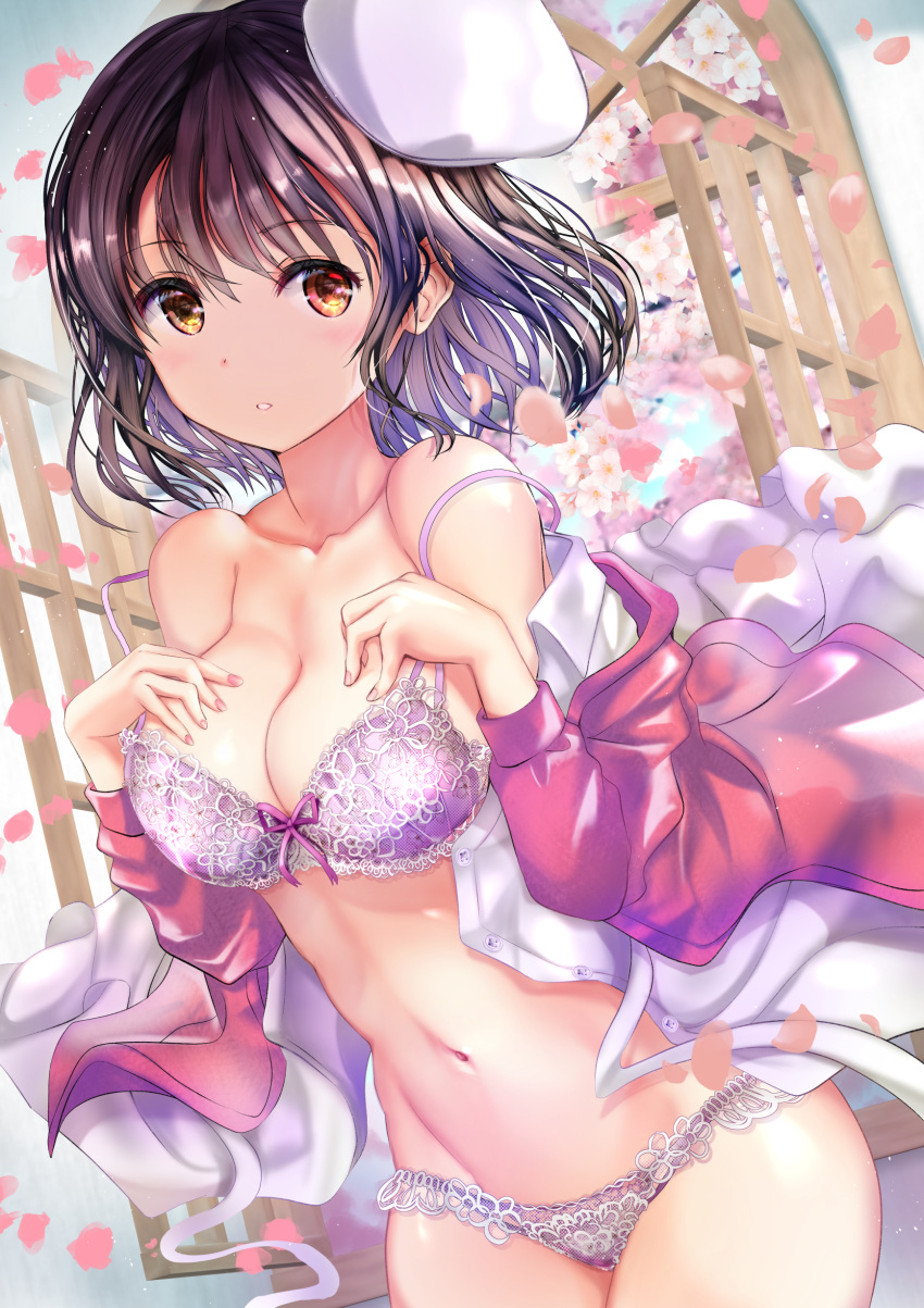 1girl absurdres bangs bare_shoulders beret blush bra breasts brown_eyes brown_hair cherry_blossoms cleavage collarbone commentary_request drawing dress eyebrows_visible_through_hair hands_on_own_chest hat highres katou_megumi lingerie long_hair looking_at_viewer medium_breasts navel ogata_tei open_mouth panties ribbon saenai_heroine_no_sodatekata shiny shiny_skin short_hair smile solo sweater underwear undressing white_headwear window