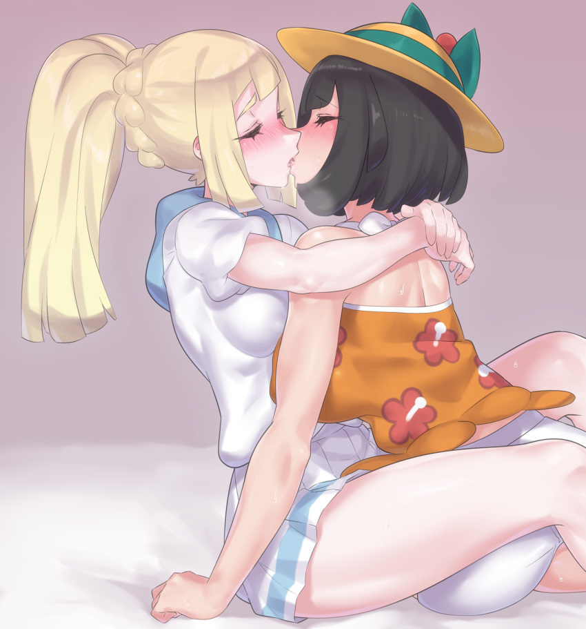 2girls arm_around_shoulder bangs black_hair blonde_hair blush braid closed_eyes commentary_request eyelashes floral_print hat highres kiss lillie_(pokemon) long_hair mizuki_(pokemon) mizuumi_(bb) multiple_girls pleated_skirt pokemon pokemon_(game) pokemon_usum ponytail short_hair short_sleeves skirt sweat yuri