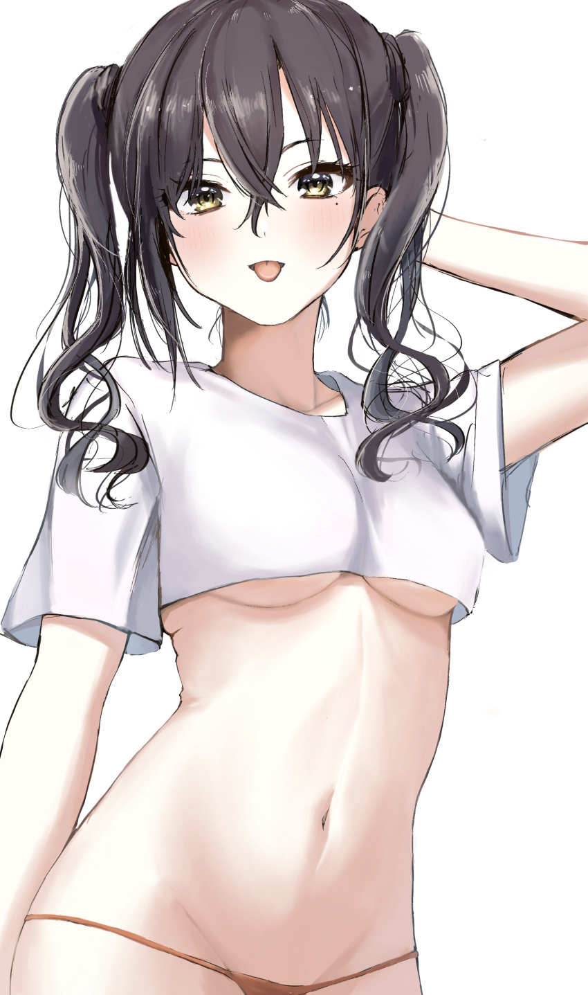 1girl :p absurdres arm_up bangs bikini bikini_bottom blush breasts brown_eyes brown_hair crop_top eyebrows_visible_through_hair hair_between_eyes highres idolmaster idolmaster_cinderella_girls kudou_(sikisiki0000) long_hair looking_at_viewer medium_breasts mole mole_under_eye navel orange_bikini shirt short_sleeves simple_background solo string_bikini sunazuka_akira swimsuit tongue tongue_out twintails underboob white_background white_shirt