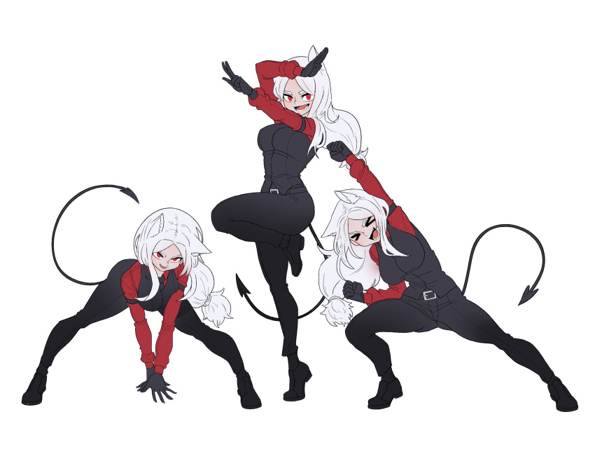 &gt;_&lt; 3girls animal_ears belt belt_buckle breasts buckle cerberus_(helltaker) commentary_request demon_girl demon_tail dog_ears dog_girl formal full_body gintm gloves helltaker highres large_breasts long_hair long_sleeves multiple_girls open_mouth pants pose red_eyes shoes simple_background standing suit tail teeth tongue white_background white_hair