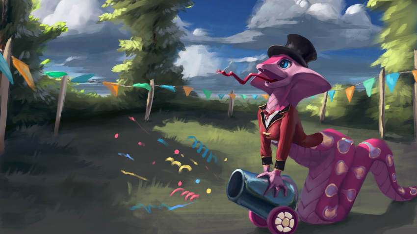 16:9 4k absurd_res anthro apode draconcopode eqlipse_(artist) female friendship_is_magic hasbro hi_res my_little_pony naga party_cannon pinkie pinkie_pie_(mlp) reptile scalie serpentine snake widescreen