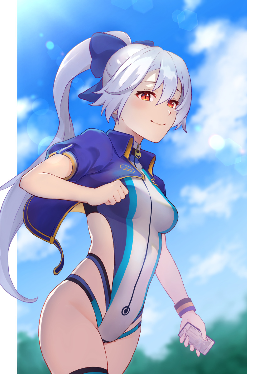 1girl absurdres bangs blue_bow blue_jacket blue_sky blue_swimsuit blush bow breasts cellphone closed_mouth fate/grand_order fate_(series) hair_between_eyes hair_bow highleg highleg_swimsuit highres jacket large_breasts long_hair looking_at_viewer one-piece_swimsuit phone ponytail red_eyes short_sleeves silver_hair sky smile swimsuit thighs tomoe_gozen_(fate/grand_order) tomoe_gozen_(swimsuit_saber)_(fate) two-tone_swimsuit uranoma white_swimsuit